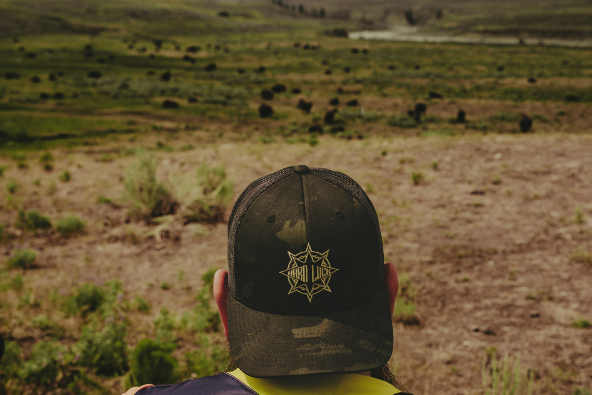 Wearing Hard Luck Starr Hat Black Camo